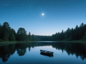 月夜湖畔孤舟静谧