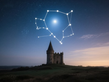 星空下的古塔与星座