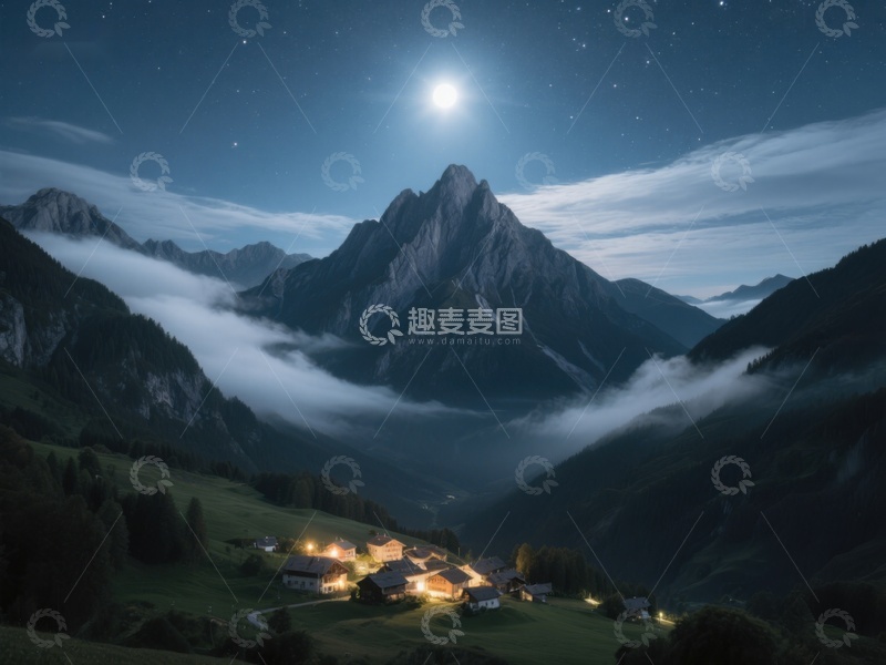 高清大图下载【趣麦麦图】月夜山间村落灯火