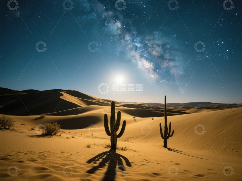 高清大图下载【趣麦麦图】沙漠夜景：仙人掌与银河