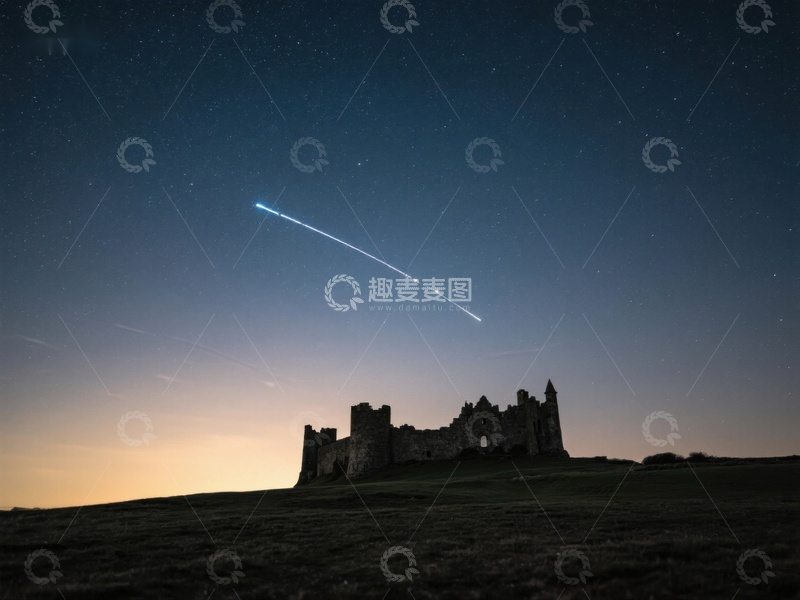 高清大图下载【趣麦麦图】夜空下的古堡与流星轨迹
