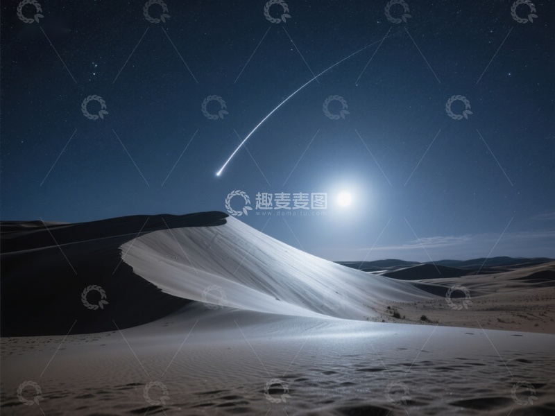 高清大图下载【趣麦麦图】沙漠夜景：流星划过月光下的沙丘