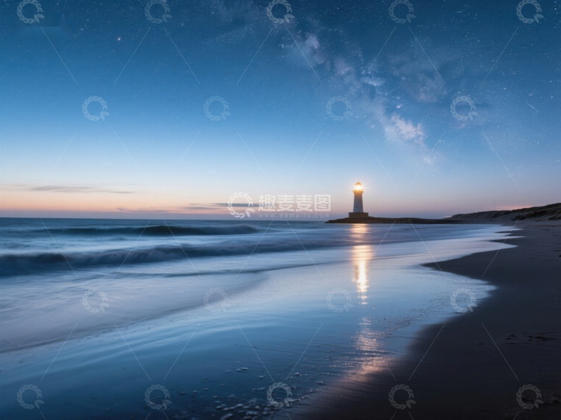 高清大图下载【趣麦麦图】夜幕下的灯塔与星辰