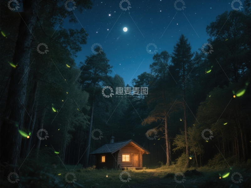 高清大图下载【趣麦麦图】夜空下的森林小屋