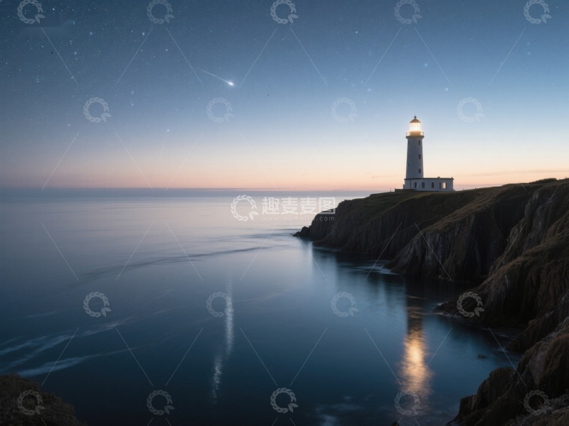 高清大图下载【趣麦麦图】夜空下的灯塔与流星