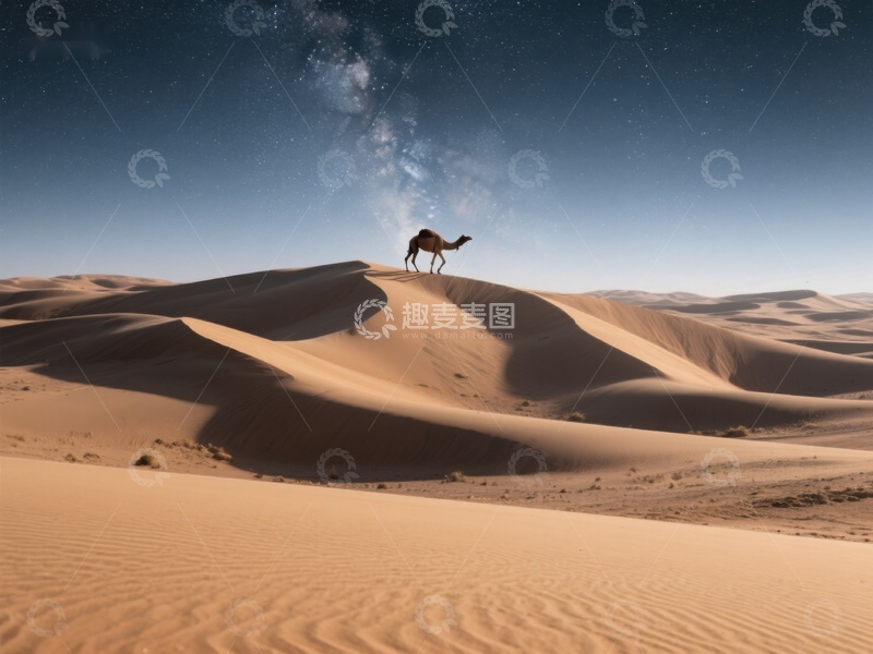 高清大图下载【趣麦麦图】沙漠夜景：骆驼与银河