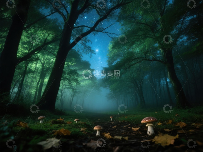 高清大图下载【趣麦麦图】夜幕森林中的蘑菇与星光