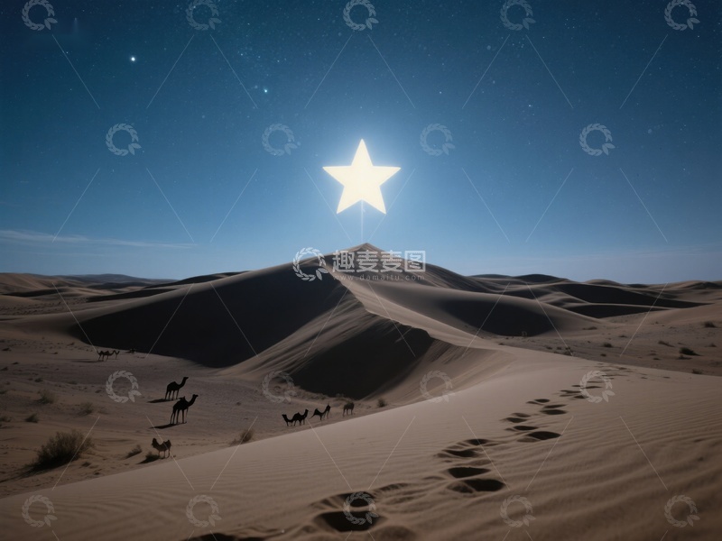 高清大图下载【趣麦麦图】沙漠夜景，明星指引驼队前行
