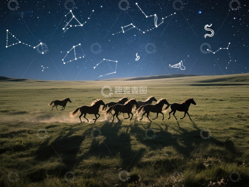 高清大图下载【趣麦麦图】星空下奔腾的马群