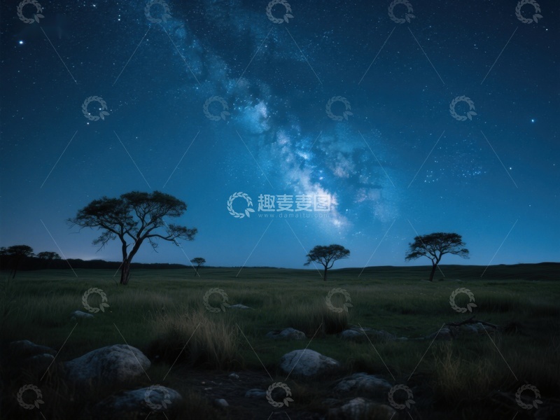 高清大图下载【趣麦麦图】夜空下的草原与银河