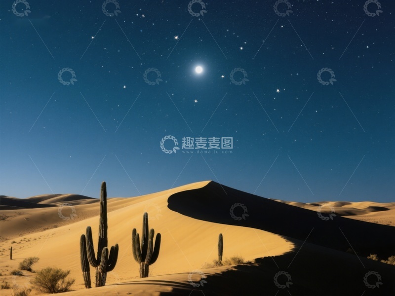 高清大图下载【趣麦麦图】沙漠夜景：星空下的仙人掌