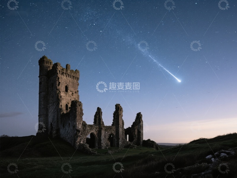 高清大图下载【趣麦麦图】夜空流星划过古堡遗迹