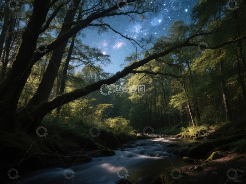 高清大图下载【趣麦麦图】星夜森林溪流