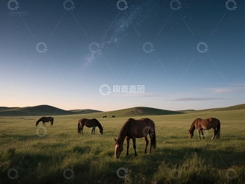 草原夜幕下，马群悠然觅食