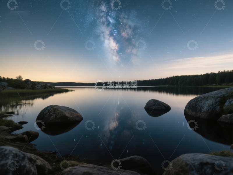 高清大图下载【趣麦麦图】夜空银河映照平静湖面