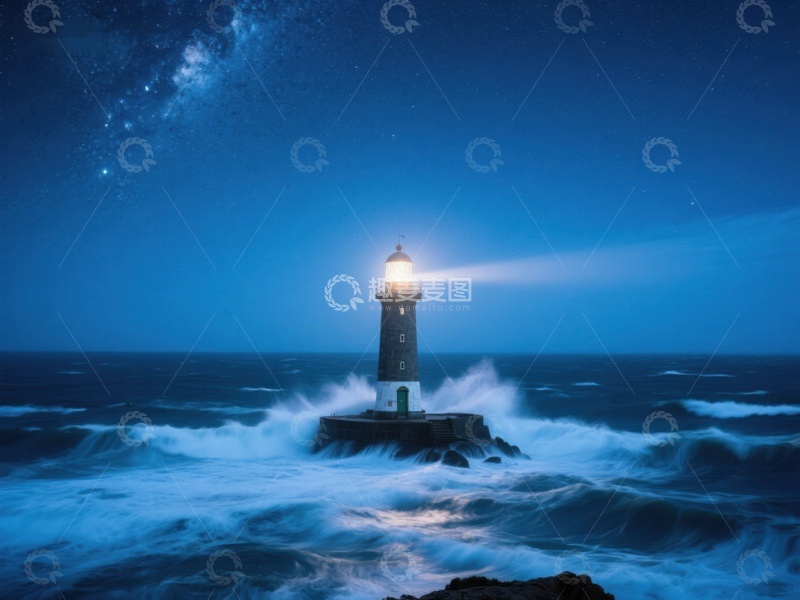 高清大图下载【趣麦麦图】夜空下的灯塔与海浪