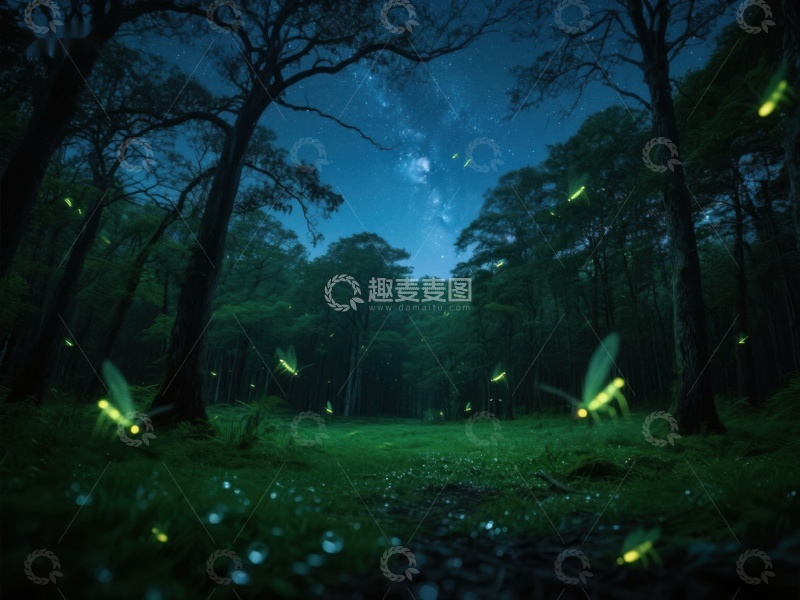 高清大图下载【趣麦麦图】-夜空下萤火虫飞舞的森林