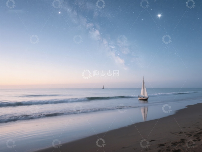 高清大图下载【趣麦麦图】夜空下的海滩与帆船