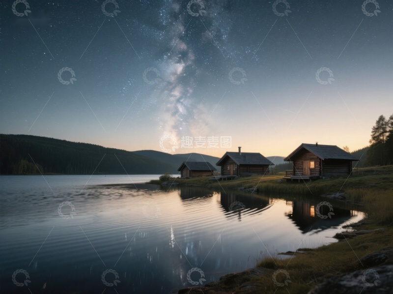 高清大图下载【趣麦麦图】湖畔木屋与银河星空