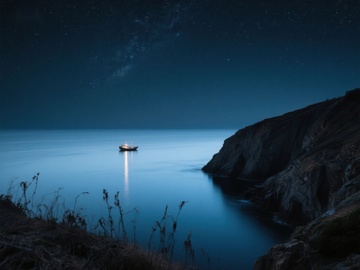 夜幕下的孤舟与星辰
