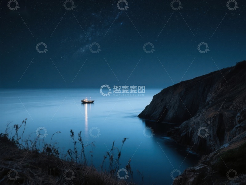高清大图下载【趣麦麦图】夜幕下的孤舟与星辰