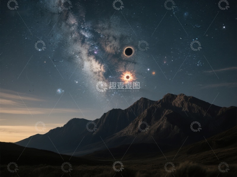 高清大图下载【趣麦麦图】星空下的山峦与日食奇观