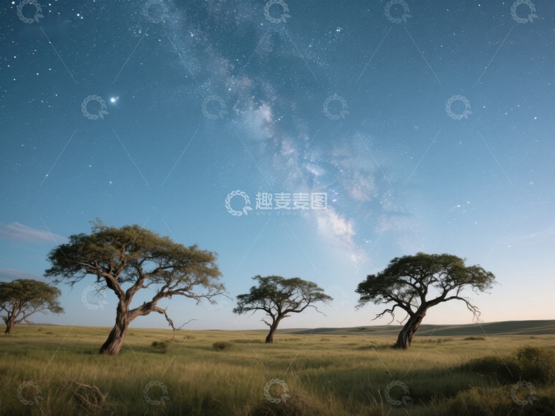 高清大图下载【趣麦麦图】-星空下的草原与孤树