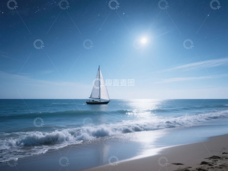 高清大图下载【趣麦麦图】月光下的帆船与海滩