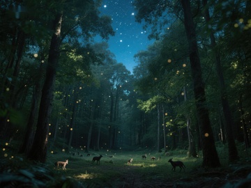 夜幕森林，萤火虫与鹿群