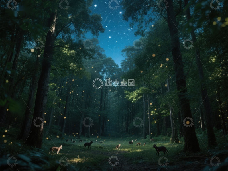 高清大图下载【趣麦麦图】夜幕森林，萤火虫与鹿群