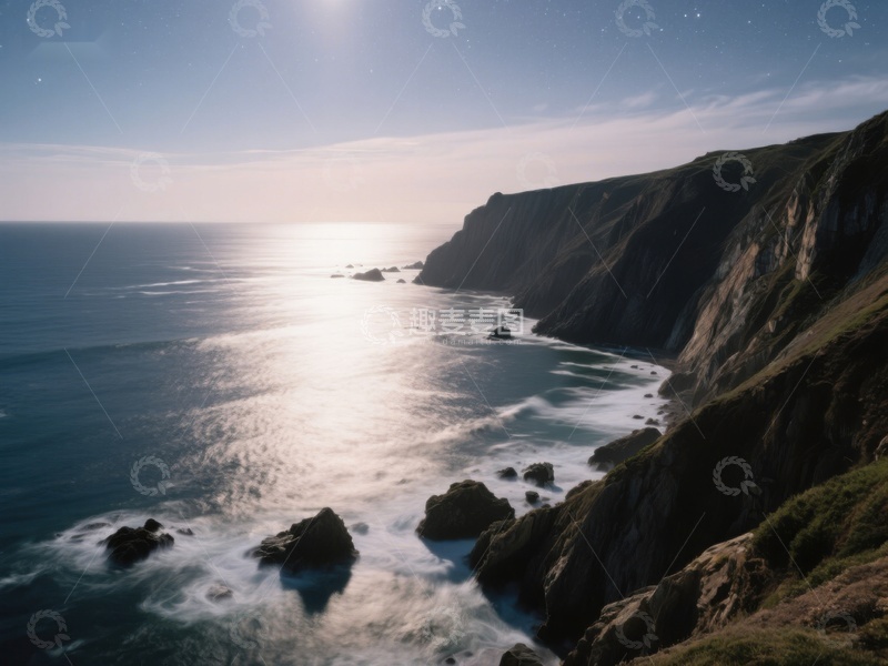 高清大图下载【趣麦麦图】海岸悬崖与月光下的海景