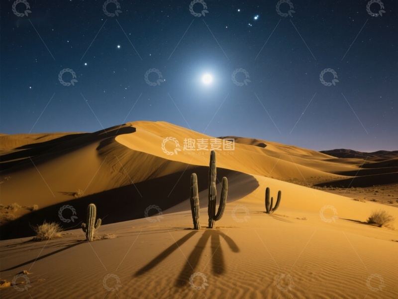 高清大图下载【趣麦麦图】月夜沙漠中的仙人掌
