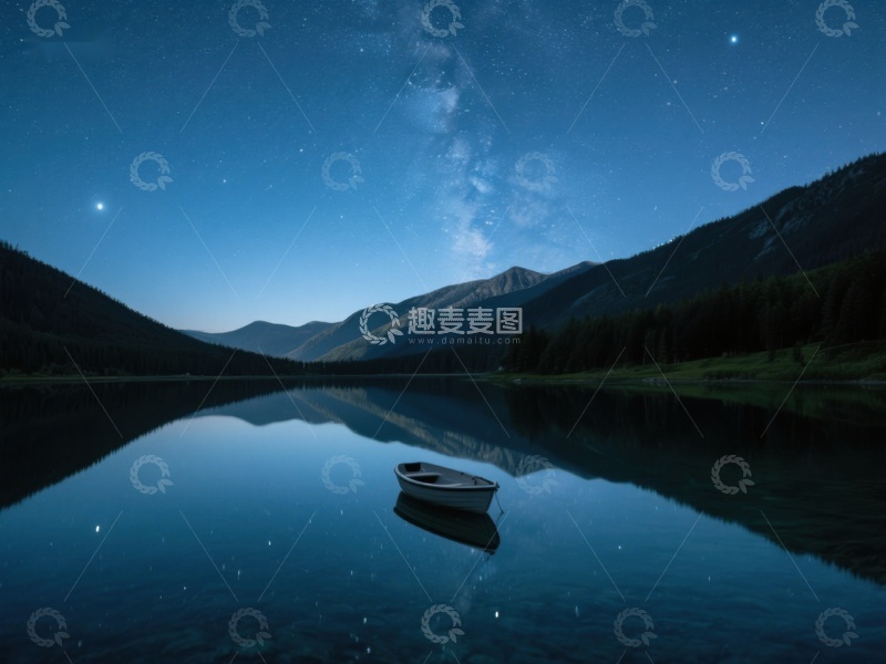 高清大图下载【趣麦麦图】夜空下的静谧湖面与孤舟
