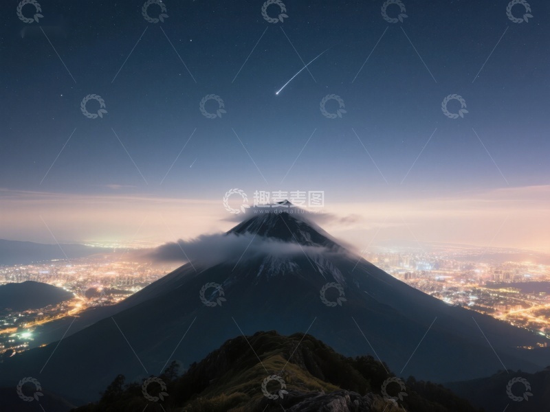 高清大图下载【趣麦麦图】夜幕下的火山与流星