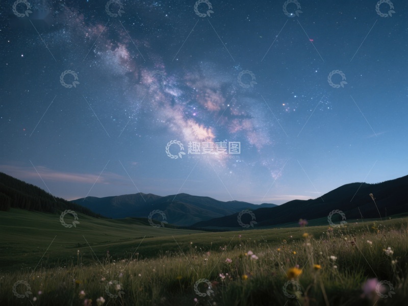 高清大图下载【趣麦麦图】夜空银河下的宁静草原