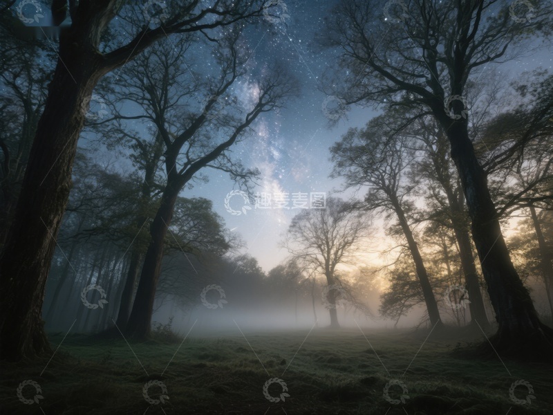 高清大图下载【趣麦麦图】晨雾森林，星光与曙光交织