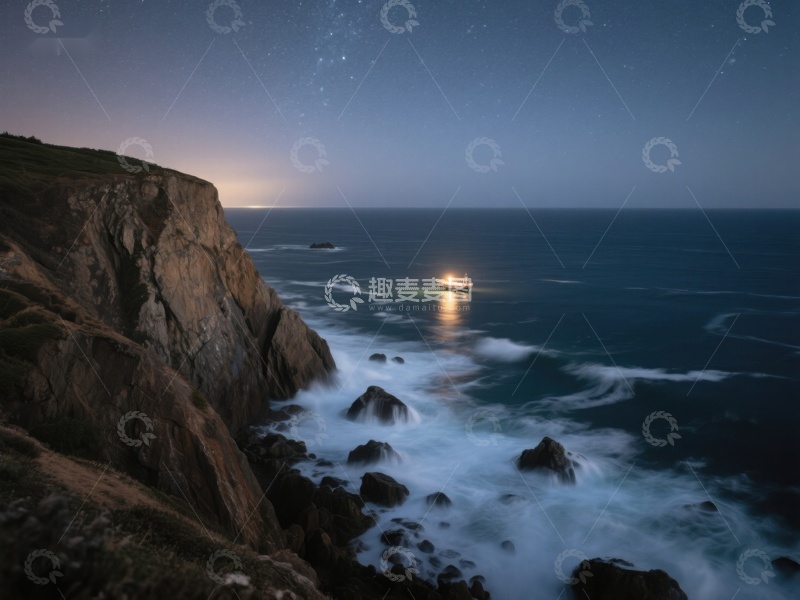 高清大图下载【趣麦麦图】夜幕下的悬崖与灯塔