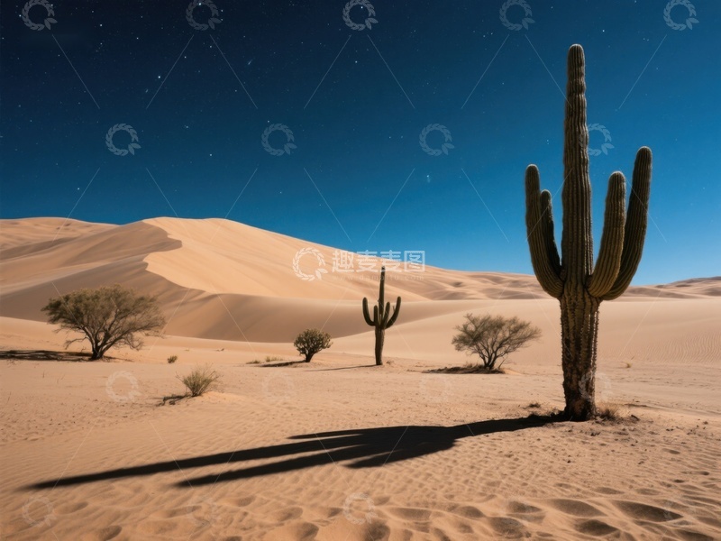 高清大图下载【趣麦麦图】夜幕下的沙漠与仙人掌