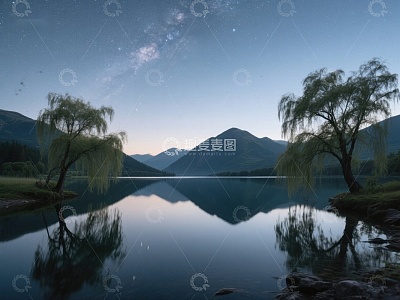 星夜湖畔，柳树倒影