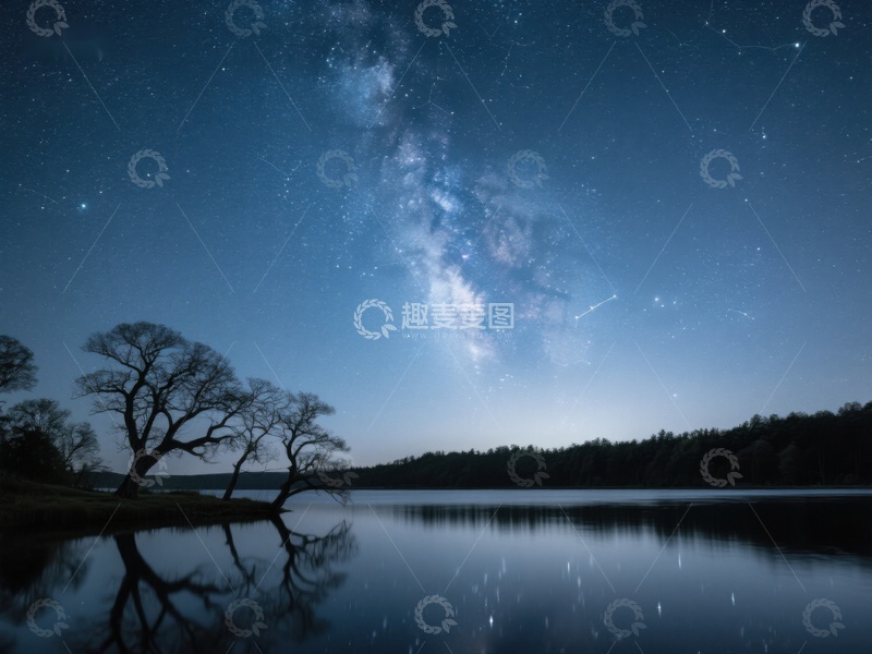 高清大图下载【趣麦麦图】银河映照湖面，夜空下的宁静美景