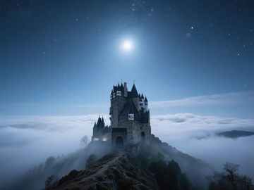 夜幕下的山顶古堡