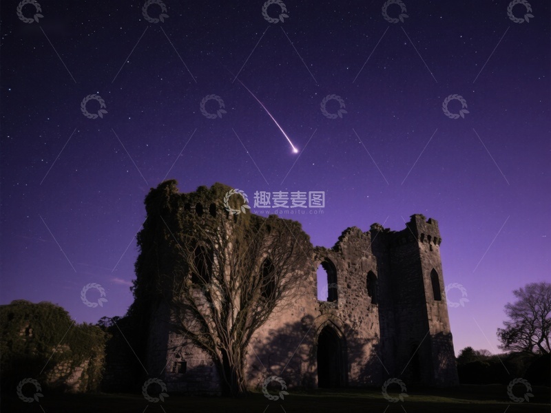 高清大图下载【趣麦麦图】夜空流星划过古老废墟