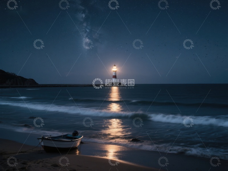 高清大图下载【趣麦麦图】夜幕下的灯塔与小船
