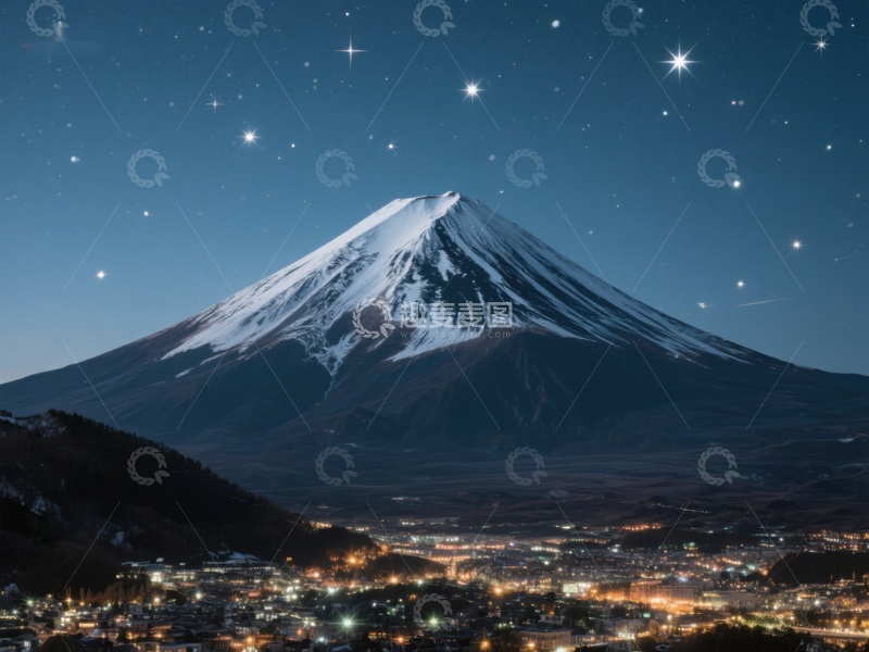 高清大图下载【趣麦麦图】夜空下的雪山与灯火小镇