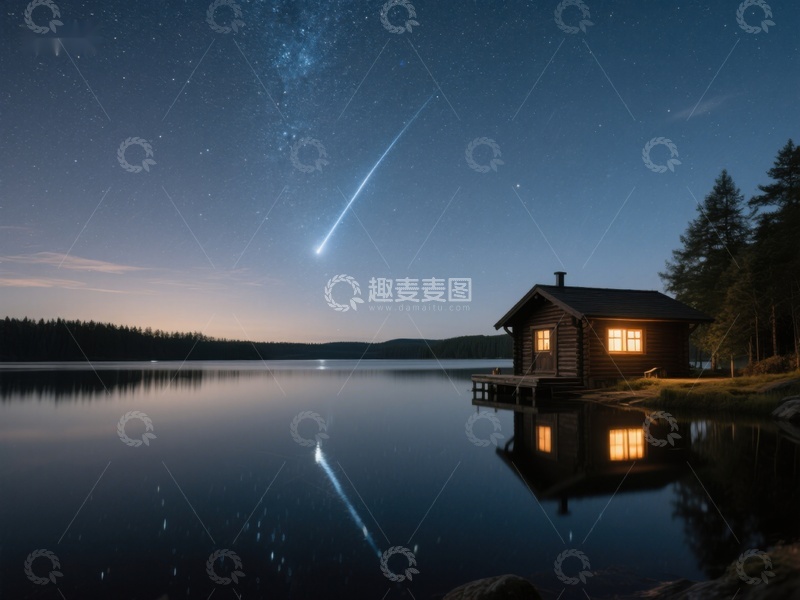 高清大图下载【趣麦麦图】湖畔小屋夜景，流星划过天际