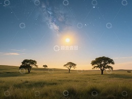 草原夜景：星空与孤树