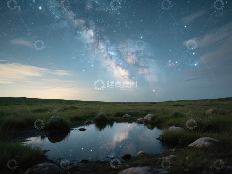 高清大图下载【趣麦麦图】夜空银河映照静谧池塘