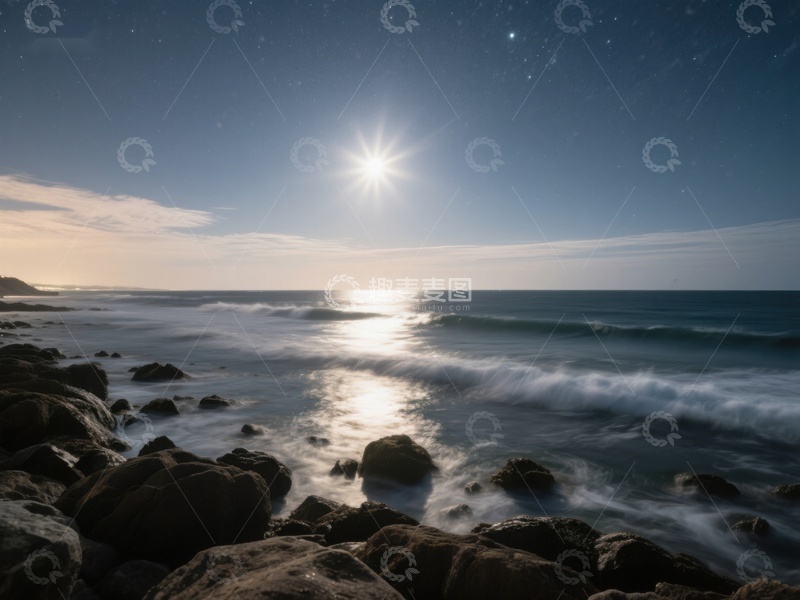 高清大图下载【趣麦麦图】月光下的海岸岩石与海浪