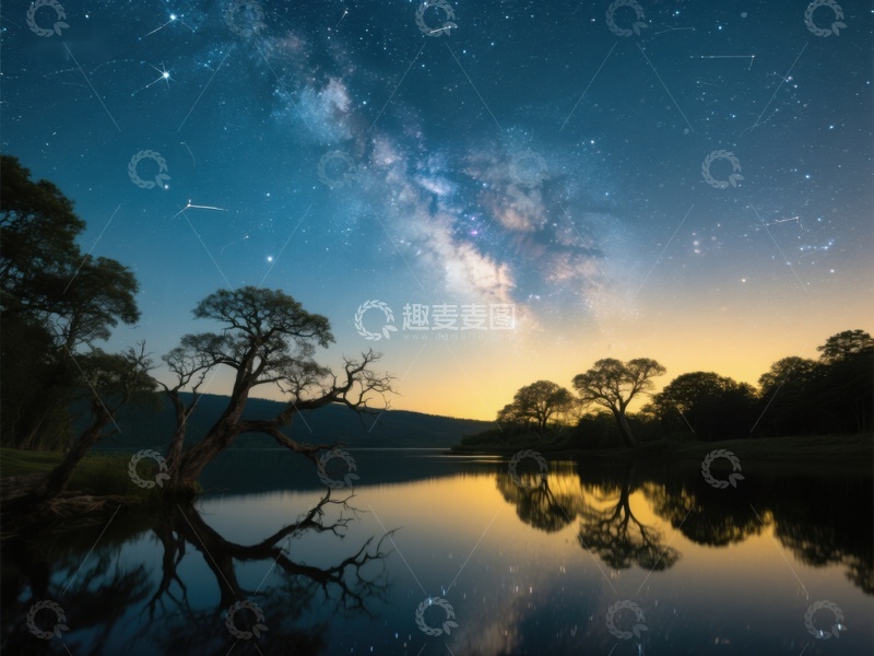 高清大图下载【趣麦麦图】银河映照湖面，夜空下的宁静美景