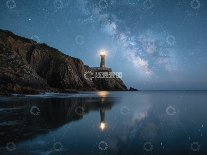 高清大图下载【趣麦麦图】夜空下的灯塔与银河
